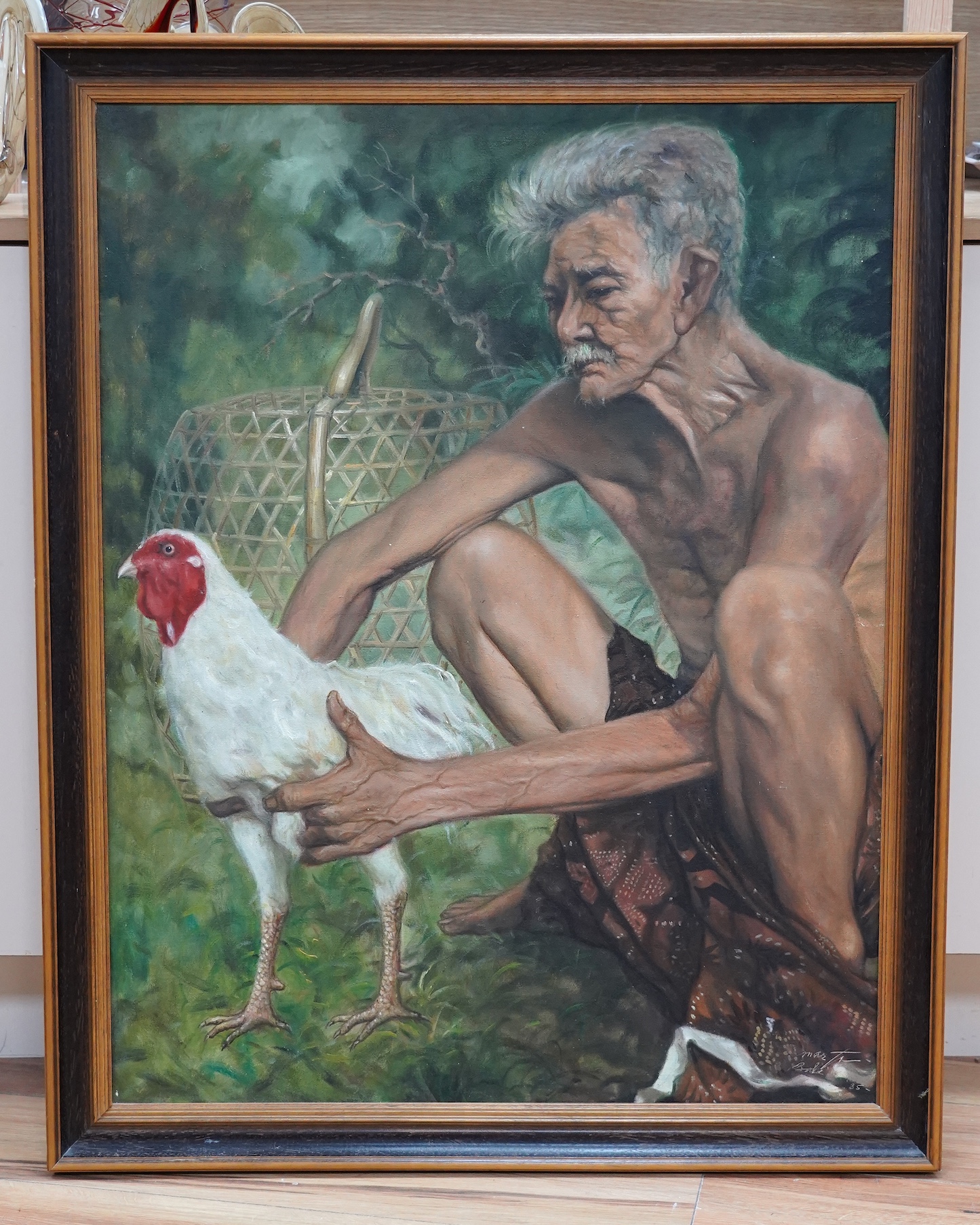 Burmese School, oil on canvas, study of a man with a chicken, indistinctly signed lower right, dated ‘85, 87 x 67cm